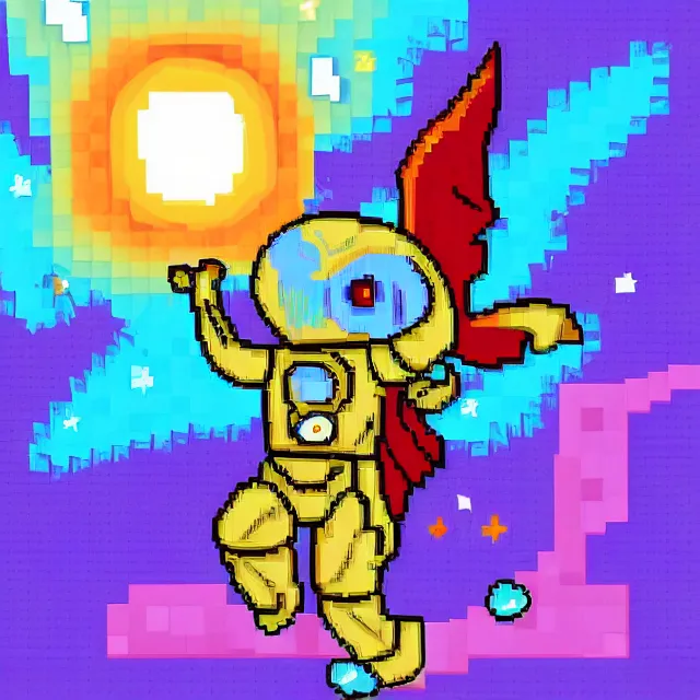 Prompt: a astronaut demon with wings in a nebula explosion, pixel art, pixel, cute, pastel.