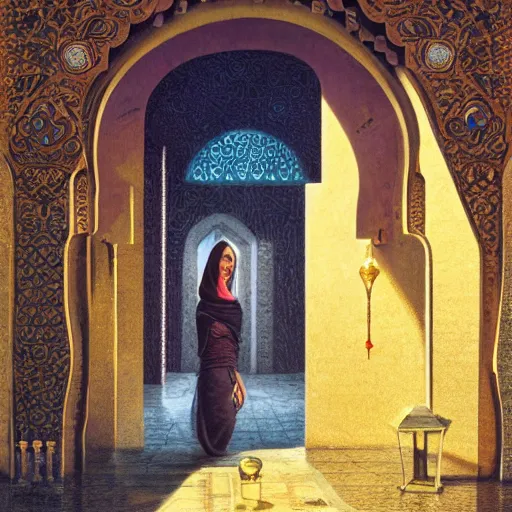 Image similar to detailed face of an arabic woman, opulent courtyard, moment, tectonic sky, skydome, reactor, utopian, tech noir, wet reflections, prism, atmospheric, ambient, pj crook, syd mead, livia prima, artgerm, greg rutkowski, nick alm, casey baugh