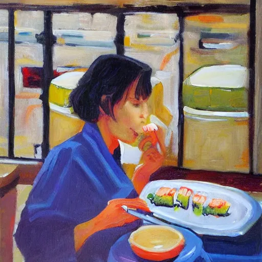 Image similar to attractive woman eating sushi. joan semmel painting