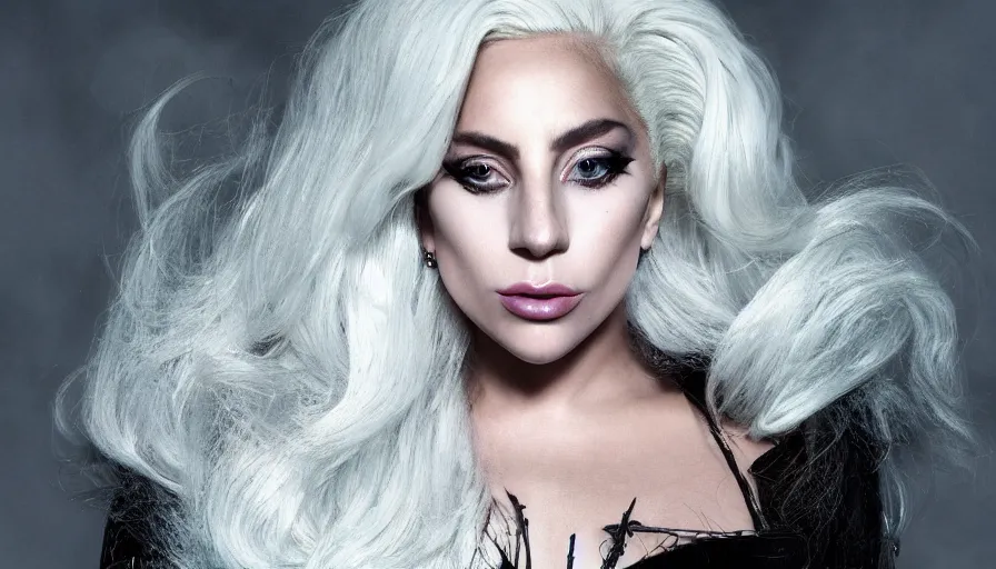 Image similar to lady gaga with long white hair , an album cover by Hedi Xandt, featured on vanity fair, holography, smokey background, matte background, nick knight High resolution. Highly detailed. Dramatic. 8k.4k.