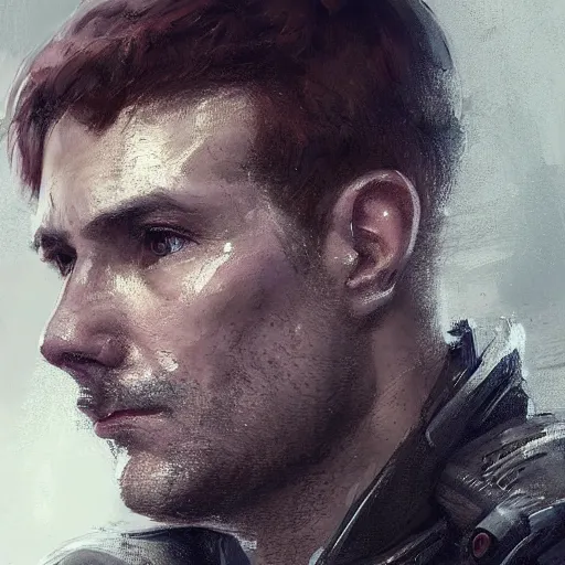 Prompt: Portrait of a man by Greg Rutkowski, he is about 40 years old, short copper hair, attractive, military composure, younger brother vibes, expression of sorrow and disbelief, he is wearing futuristic tactical gear, highly detailed portrait, digital painting, artstation, concept art, smooth, sharp foccus ilustration, Artstation HQ.