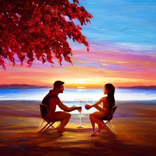 Image similar to one young man and one young woman drinking wine on a beach at sunset, beautiful colors, amazing landscape, painting, stunning details