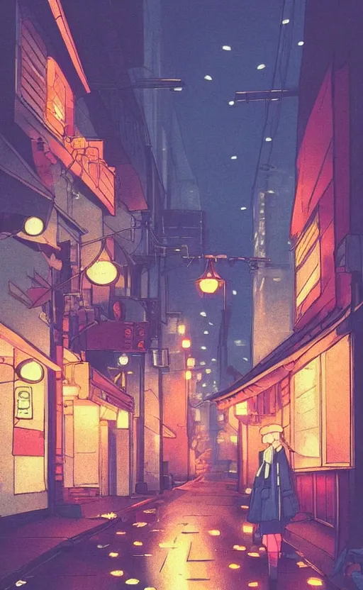 Image similar to night street, rainy day, anime, japan, ghibli, 9 0 s, retro style, aesthetic, chill, room, vintage