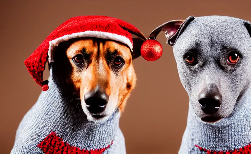 Image similar to studio photography of a dog wearing a woolen christmas sweater, detailed face, cinematic lighting, 8 k