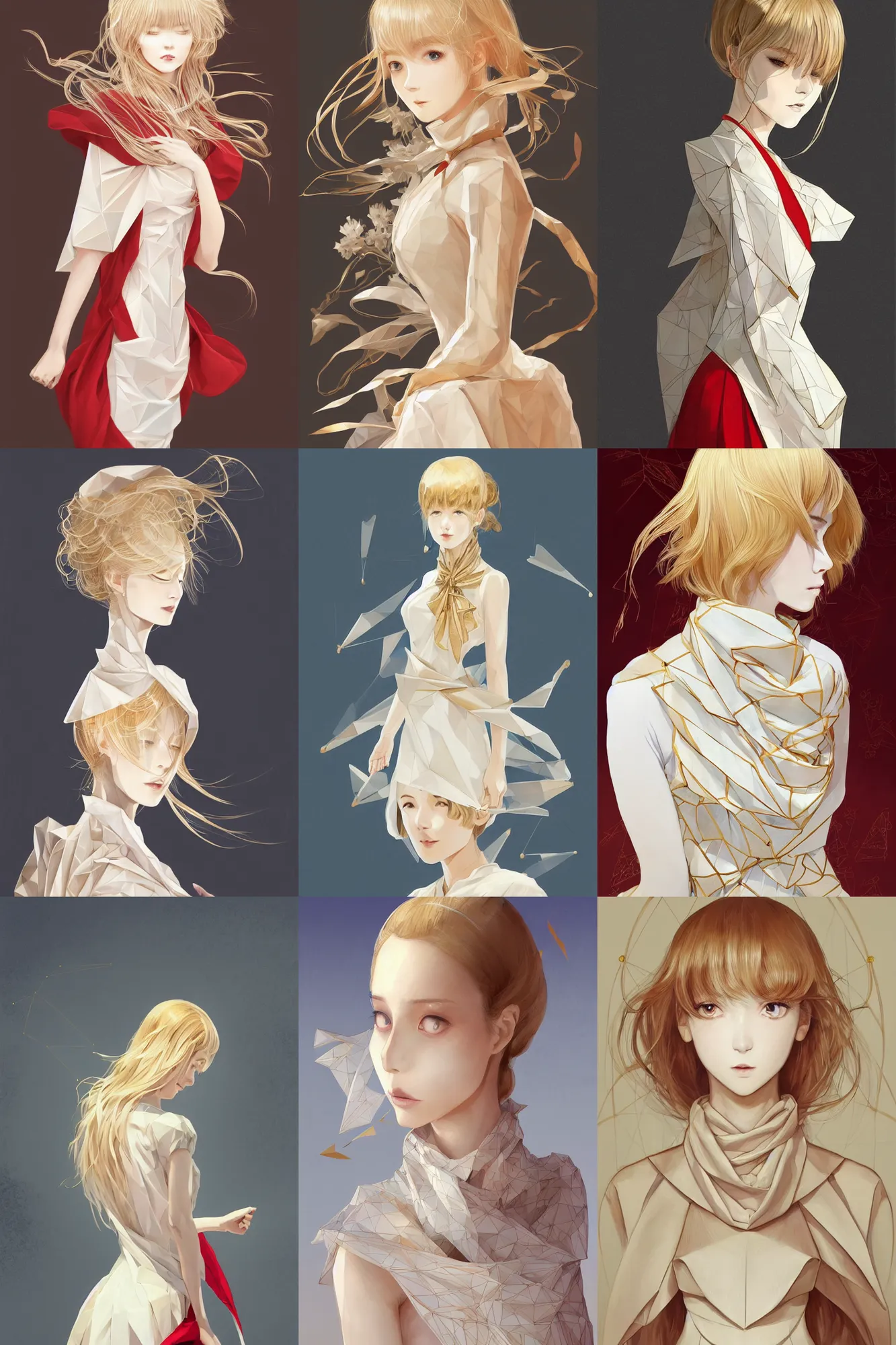 Prompt: museum curator, light gold hair, splendid white polygonal designer dress with triangle patterns, red silk scarf, body portrait, slight smile, windy, highly detailed, digital painting, trending on artstation, pixiv, concept art, sharp focus, intricate, 4k, illustration, art by wlop and hayao miyazaki and takato yamamoto and james jean and miho hirano