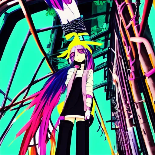 Image similar to anime girl with eccentric clothes, long spiky pink hair, cel - shading, 2 0 0 1 anime, flcl, jet set radio future, golden hour, underground facility, underground tunnel, pipes, rollerbladers, rollerskaters, cel - shaded, jsrf, strong shadows, vivid hues, y 2 k aesthetic