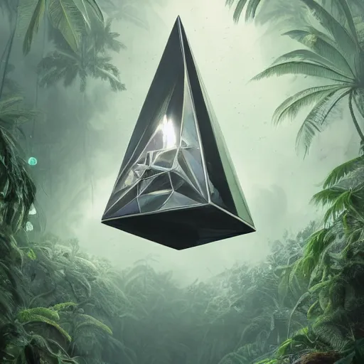 Prompt: peter tarka, minimalistic, hyperrealistic surrealism, award winning masterpiece with incredible details, epic stunning, a highly reflective chrome octahedron with lights coming out of the bottom in the middle of a tropical rainforest, alien structure, highly detailed, trending on ArtStation, artgerm and greg rutkowski and alphonse mucha, daily deviation, IAMAG