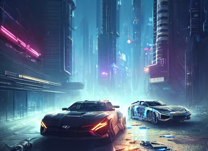 Image similar to Kudos Hyundai as a Cyberpunk 2077 loading screen, intricate, dystopian, sci-fi, extremely detailed, digital painting, artstation, concept art, smooth, sharp focus, illustration, intimidating lighting, incredible art by artgerm and greg rutkowski and alphonse mucha and simon stalenhag