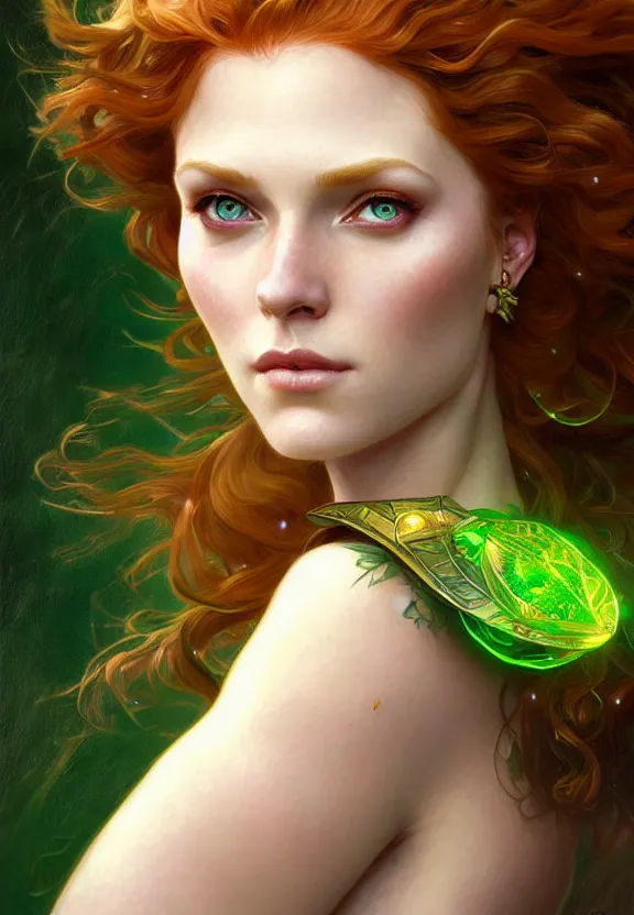 Image similar to portrait of fairy woman, d & d, green eyes, ginger hair, face, fantasy, intricate, elegant, highly detailed, digital painting, artstation, concept art, smooth, sharp focus, illustration, art by artgerm and greg rutkowski and alphonse mucha