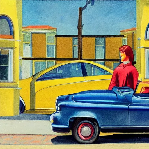 Prompt: a picture of a yellow-car parked next to a red-hydrant with a woman in a yellow-dress sitting on the hood, BEUTIFUL!, surreal, in style of Edward Hopper