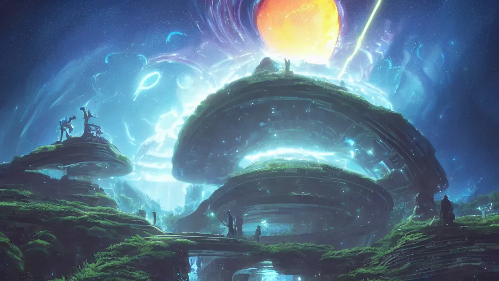 Prompt: a vast ancient waterfall planet with fireflies and futuristic glowing temple stargate portal at night and lots of cummulonimbus clouds by makoto shinkai, moebius!, oliver vernon, joseph moncada, damon soule, manabu ikeda, kyle hotz, dan mumford, by kilian eng