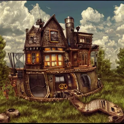 Prompt: A Steampunk house floating next to wispy clouds in the sky. Trending on art station.