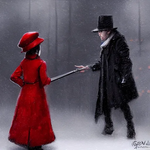 Prompt: a highly detailed epic cinematic concept art, a thin man in a black coat and bowler hat talks with small young girl who is dressed in a red coat and a red hat, park, autumn, high detail, in style of Greg Rutkowski, width 768