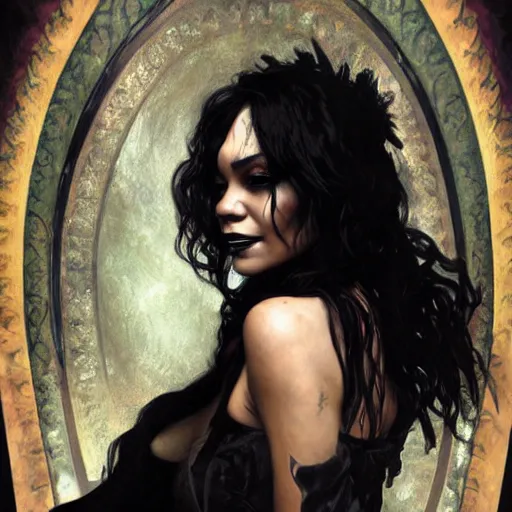 Image similar to beautiful portrait of vanessa hudgens as death from sandman, smiling, by cedric peyravernay, alphonse mucha, by jeremy mann, by lecouffe deharme, goth chic, soft lightning, eyeliner, punk rock, high detailed, 8 k