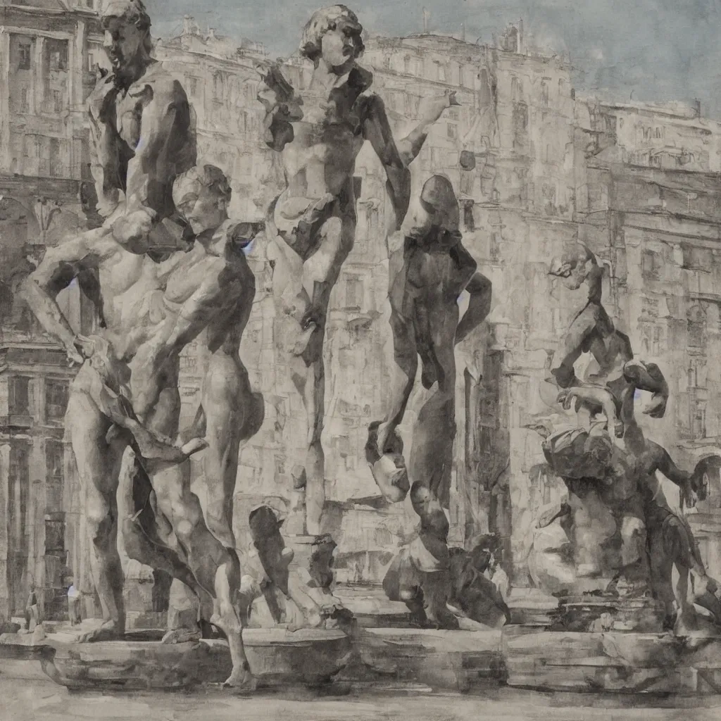 Image similar to two human figures and fountain on city square by giorgio di cirico