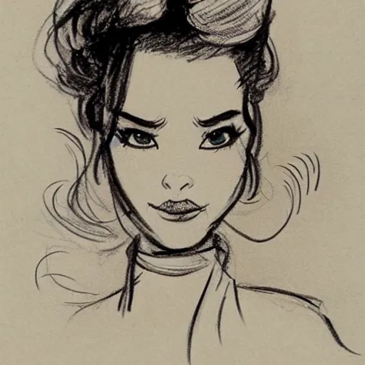 Image similar to milt kahl sketch of vanessa hudgeons with done up hair, tendrils covering face and ponytail as princess padme from star wars episode 3