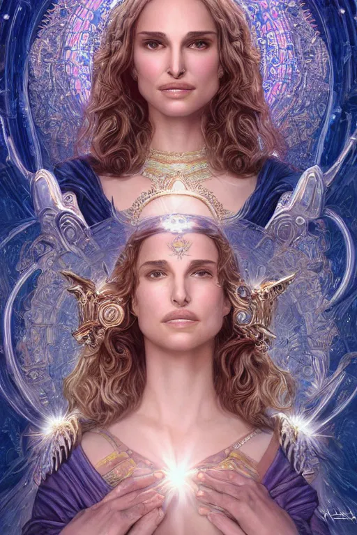 Image similar to Natalie Portman as a Goddess of the Universe, cute, fantasy, intricate, elegant, highly detailed, digital painting, 4k, HDR, concept art, smooth, sharp focus, illustration, art by artgerm and H R Giger and alphonse mucha