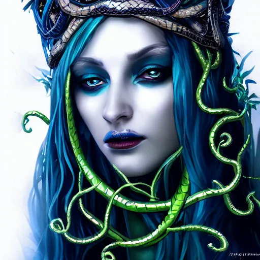 Prompt: detailed portrait of the dark queen of snakes, realism, dim moonlight, pale blue, emerald, sapphire, wearing a crown of vines and vipers, dark fantasy illustration, dramatic lighting, cgsociety, artstation