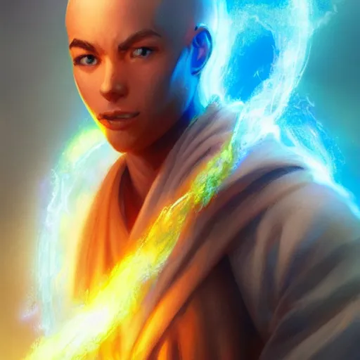 Image similar to a fantastical glowing young monk made of blue aura illustrated by artgerm and greg rutkowski