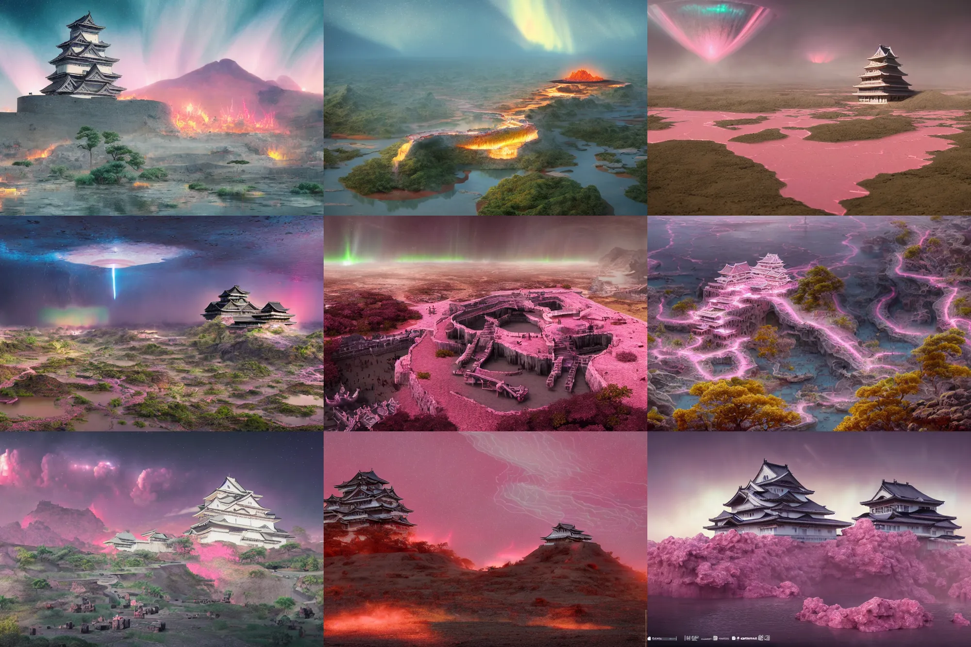 Prompt: himeji castle on danakil depression of the place with acid pools by hindenburg aircraft disaster during autumn season on an interstellar aurora borealis with heavy thunder and lightning, pink waterfalls, lush, by peter mohrbacher, james jean, james gilleard, greg rutkowski, rule of thirds, octane render, beautiful