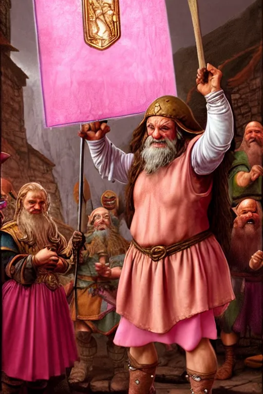 Prompt: dwarfish cleric wearing a pink tutu, holding a holy symbol, he is preaching. the background is a friendly tavern. The mood is friendly and welcoming. dungeons and dragons, highly detailed, matte painting, artstation, concept art, sharp focus, illustration, art by Leonardo da Vinci and Michelangelo and Botticelli