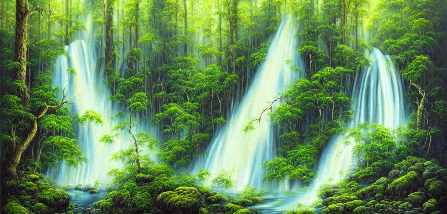 Image similar to a painting of a waterfall in a forest, an airbrush painting by terry redlin, deviantart, metaphysical painting, airbrush art, detailed painting, oil on canvas