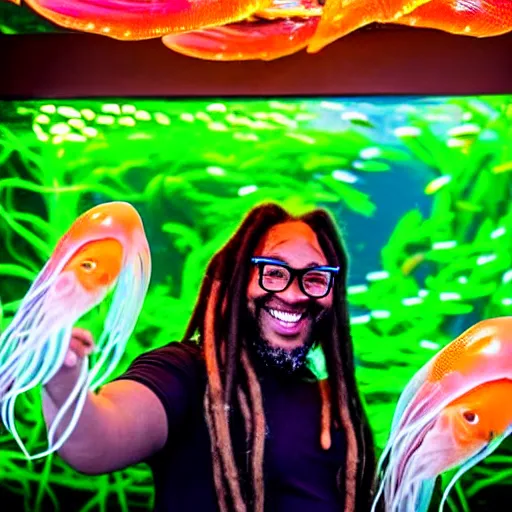 Prompt: a chubby entrepreneur with long dreadlocks and trendy glasses takes a smiling selfie in front a large aquarium filled with neon jellyfish, high detail, full focus, time magazine 2 0 2 2