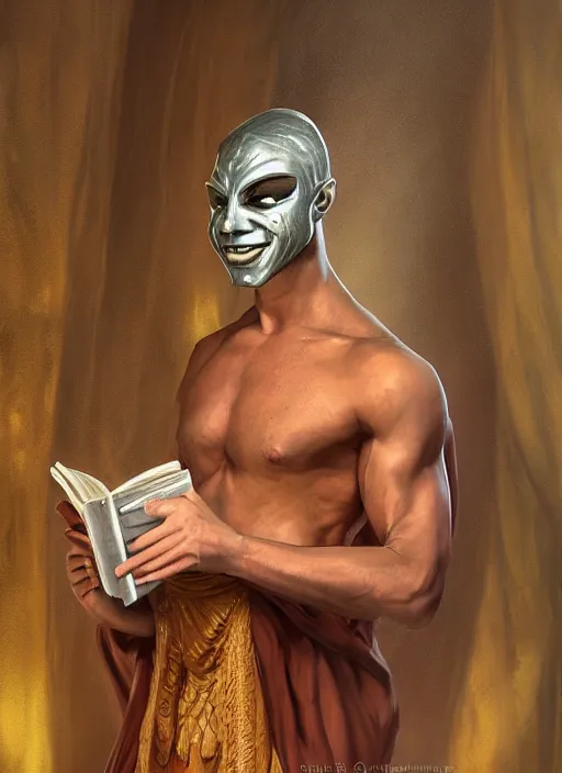 Image similar to Magic Floating Thespian Mask reading a book, no body, bodyless, theater mask, Ivan Aivakovsky, Boris Vallejo, epic fantasy character art, D&D Concept Art, full length, Realistic, Regal, Refined, extremely detailed, Detailed Digital Art, Oil Paining, Exquisite detail, post-processing, masterpiece, Cinematic Lighting, Unreal Engine, 8k, HD, Stanley Artgerm Lau, WLOP, Rossdraws, Frank Frazetta, Andrei Riabovitchev, Marc Simonetti, trending on artstation, flawless