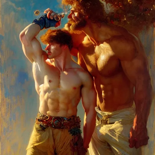 Prompt: attractive muscular mike with ginger hair with muscular attractive tyler with brunet hair, drinking their hearts out, in their noble mansion. very defined and highly detailed painting by gaston bussiere, craig mullins, j. c. leyendecker 8 k