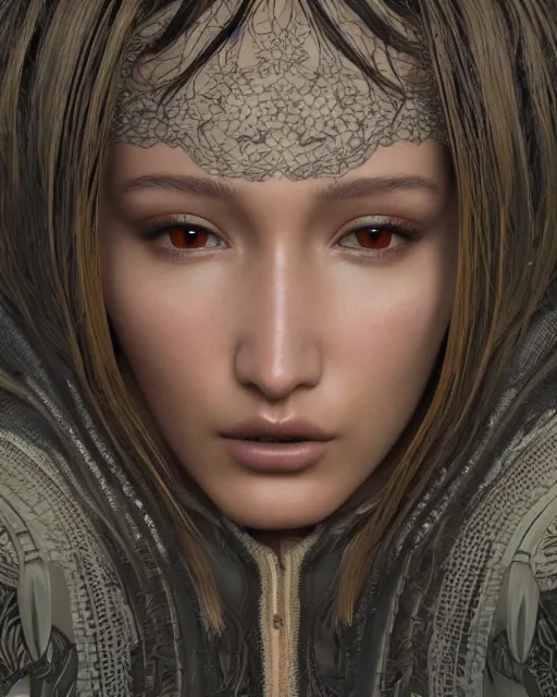 Image similar to a highly detailed metahuman 8 k close up render of bella hadid in takato yamamoto style trending on artstation made in unreal engine 4