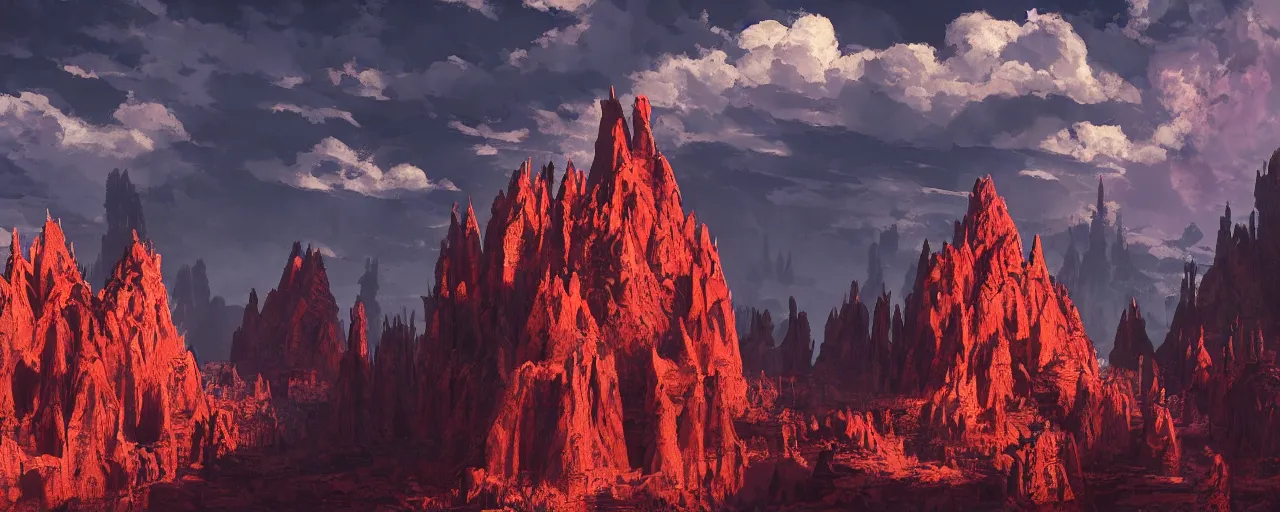 Image similar to cathedral, gothic architecture, carved of red rock, top of a canyon, vultures, concept art by studio ghibli and eddie mendoza, atmospheric, moody, dappled evening sunlight, dramatic clouds, cinematic, volumetric lighting, 8K