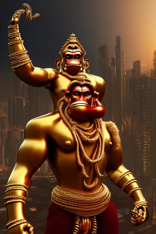 Prompt: high quality 3 d render neo - baroque cyborg hanuman! with gold nose piercings, cyberpunk highly detailed, mumbai in the background, unreal engine cinematic smooth, in the style of solaris, hannah yata charlie immer, moody light, low angle, uhd 8 k, sharp focus