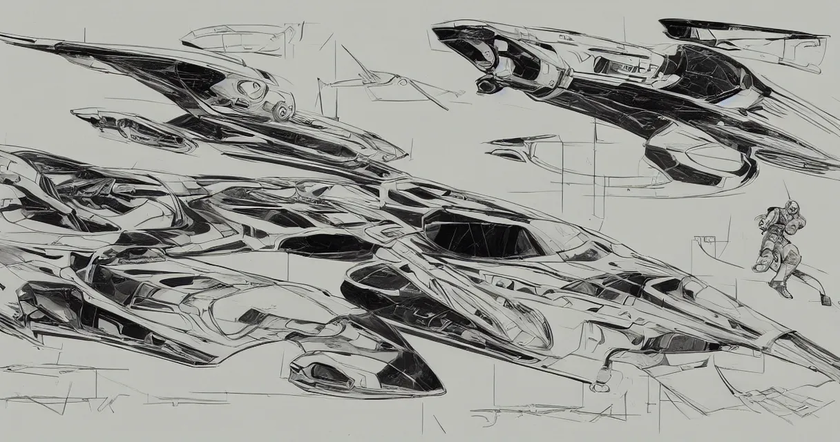 Image similar to concept sketches for a retro science-fiction space fighter Syd Mead