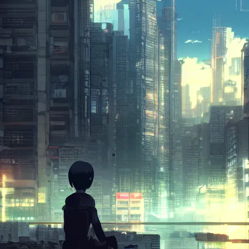 Prompt: android in an urban dystopia makoto shinkai