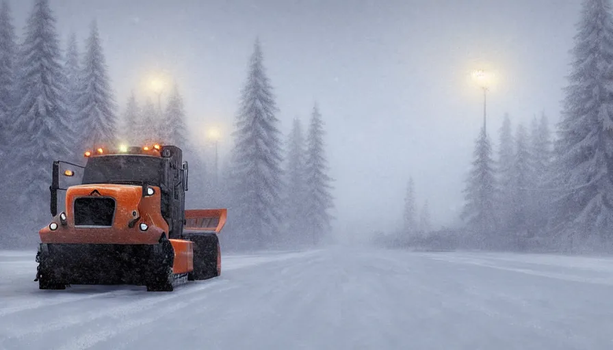 Image similar to A Snowplow!! clearing a beautiful snowy landscape. A blizzard and heavy snow falls. Fog and mist, highly detailed, concept art, digital art, 4k, high snow