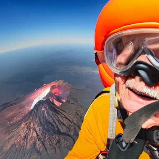 Prompt: elderly man skydiving over a volcano, smiling, happy, volcano, hot, eruption, magma, lava, canon eos r 3, f / 1. 4, iso 2 0 0, 1 / 1 6 0 s, 8 k, raw, unedited, symmetrical balance, wide angle