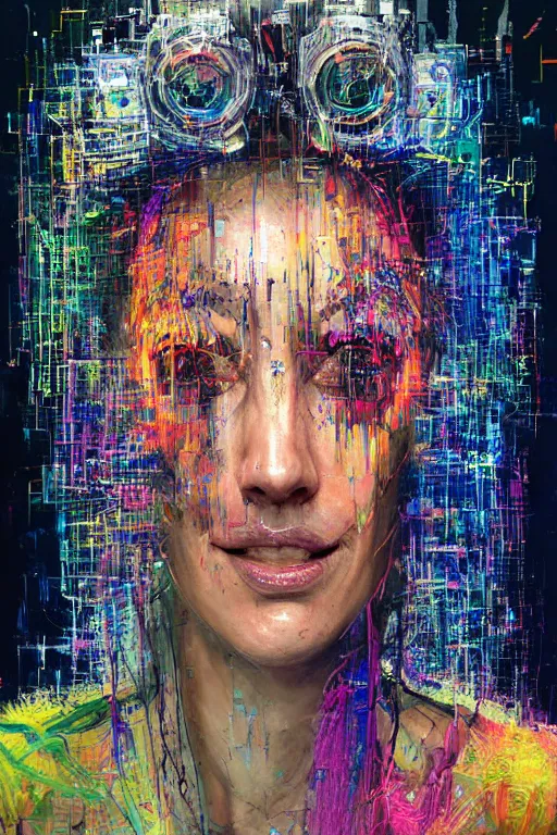 Prompt: portrait, headshot, digital painting, an delightfully crazy, wholesome techno - shaman lady in circuit electronic mask, synthwave, glitch, crystal rain, fracture, realistic, hyperdetailed, chiaroscuro, concept art, art by john berkey