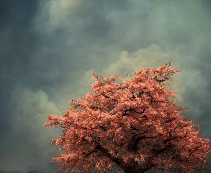 Image similar to 4 k hd, high detail photograph of blossoming tree, apocalyptic scenery, fire, shot with sigma f / 4. 2, 2 5 0 mm sharp lens, wide shot, volumetric lighting, high level texture render