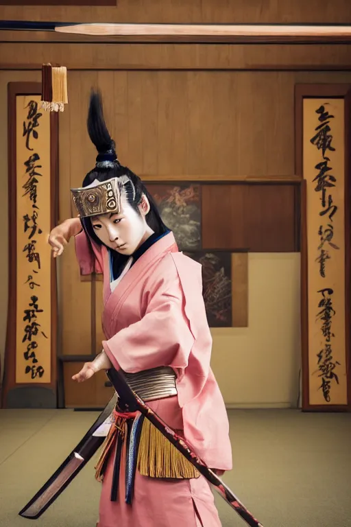 Image similar to highly detailed beautiful photo of a young female samurai, practising sword stances in a temple, symmetrical face, beautiful eyes, realistic anime art style, 8 k, award winning photo, pastels, action photography, 1 / 1 2 5 shutter speed, dramatic lighting