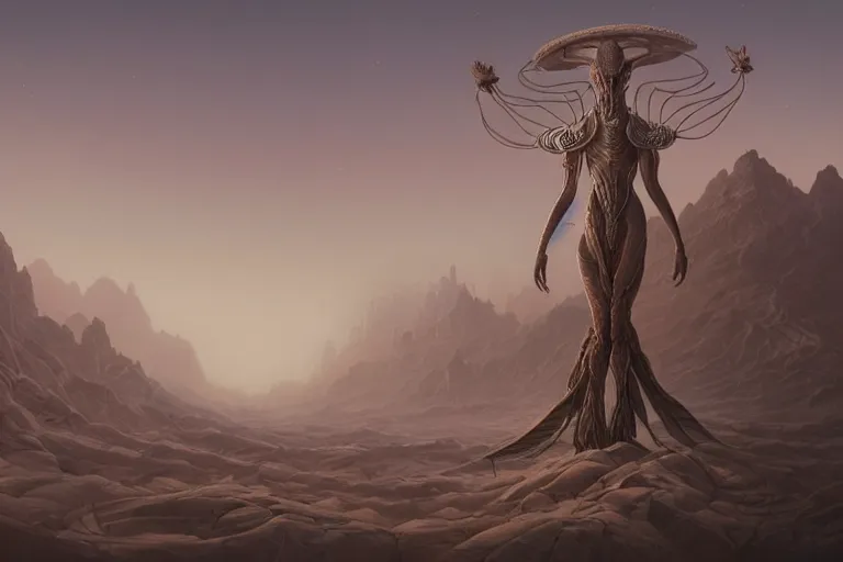 Prompt: a detailed matte painting of a alien desert rose creature by peter mohrbacher, ernst haeckel, desert mirage, mist, cinematic lighting, post apocalyptic, trending on artstation.