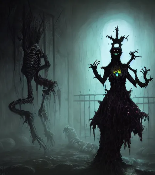 Image similar to gothic necrolord female with zombie servents, digital painting, liminal eerie midnight backlit, a picture taken by Michael Komarck and Daniel Ljunggren