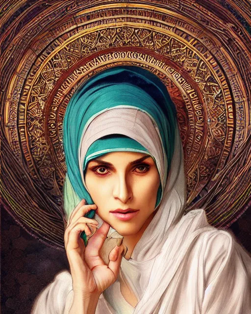 Image similar to portrait of 4 0 - year - transwoman prophet muhammad, clear face, pointed face and sensual eyes, hyper realistic face, beautiful lips, fantasy art, in the style of greg rutkowski, intricate, alphonse mucha, hyper detailed, smooth