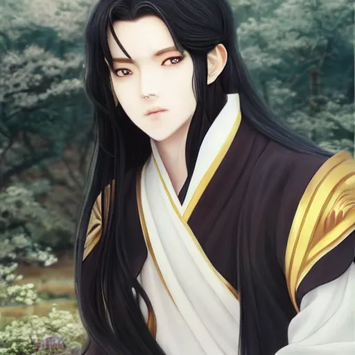 Image similar to a young beautiful prince, golden eyes, long black hair, white hanfu, elegant, intricate, backlit, incredible lighting, strong rim light, subsurface scattering, hyper realistic anime, beautiful landscape, cherry trees, highly detailed digital painting, by Heise Jinyao, Heise-Lian Yan Fang, Feimo, Rossdraws, Sakimichan HDRI, vivid colors, high contrast, trending on artstation 8k