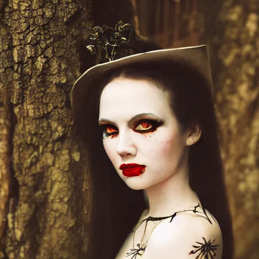 Image similar to A beautiful portrait of a lady vampire, steampunk, photography, 35mm, soft light, cinematic, klimt