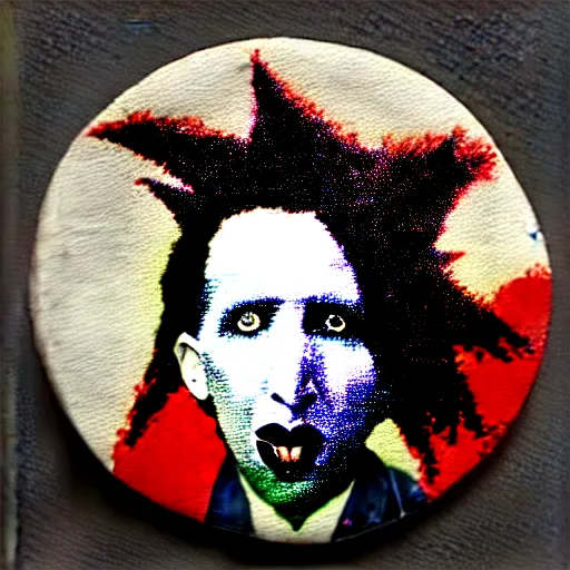 Prompt: painting on a badge!!!!, photo of a marilyn manson, punks not dead!!!!, exploited!!, clash, junk yard, rats!!, god save the queen!!!, punk rock album cover art style, grunge, no future!!!!, glitch effect