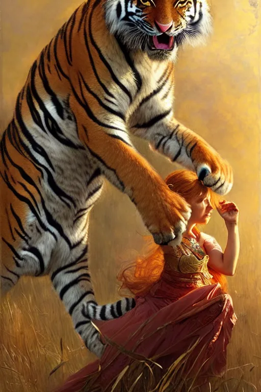 Image similar to highly detailed full shot portrait of a enchanted tiger in the form of a beautiful young princess. d & d, art by donato giancola and ruan jia and carl larsson and magali villeneuve. trending on artstation, intricate details, energetic composition, golden ratio, concept art, illustration, elegant art