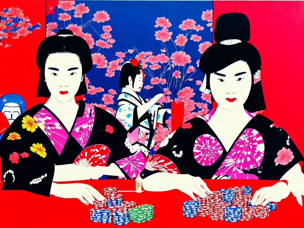 Prompt: hyperrealistic composition of the woman in a japanese kimono sitting at a poker table with darth vader, fireworks, mount fuji on the background, pop - art style, jacky tsai style, andy warhol style, acrylic on canvas