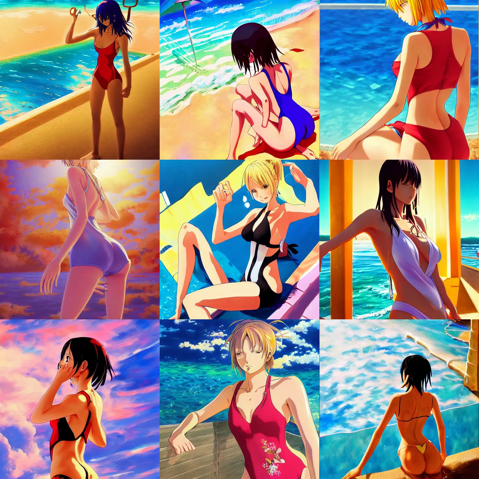 Prompt: anime style, vivid, expressive, full body, 4 k, painting, woman in full one piece bathing suit, stunning, realistic light and shadow effects, centered, simple background, studio ghibly makoto shinkai yuji yamaguchi