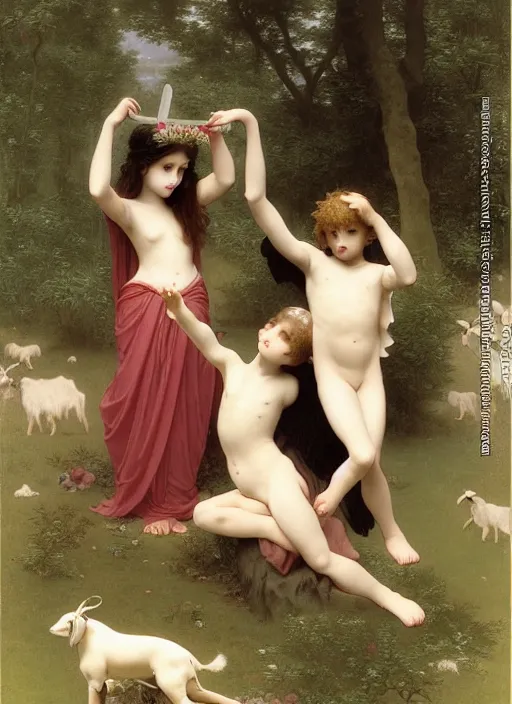 Image similar to boy and girl in pagan clothes performing an occult ritual on a goat in a vaporwave forest, by william-adolphe bouguereau and Takato Yamamoto, high resolution