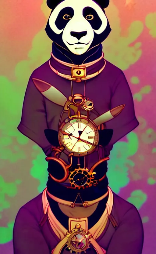 Image similar to don bluth, loish, artgerm, joshua middleton, steampunk, clockpunk anthropomorphic panda, full sailor suit, symmetrical eyes symmetrical face, colorful animation forest background